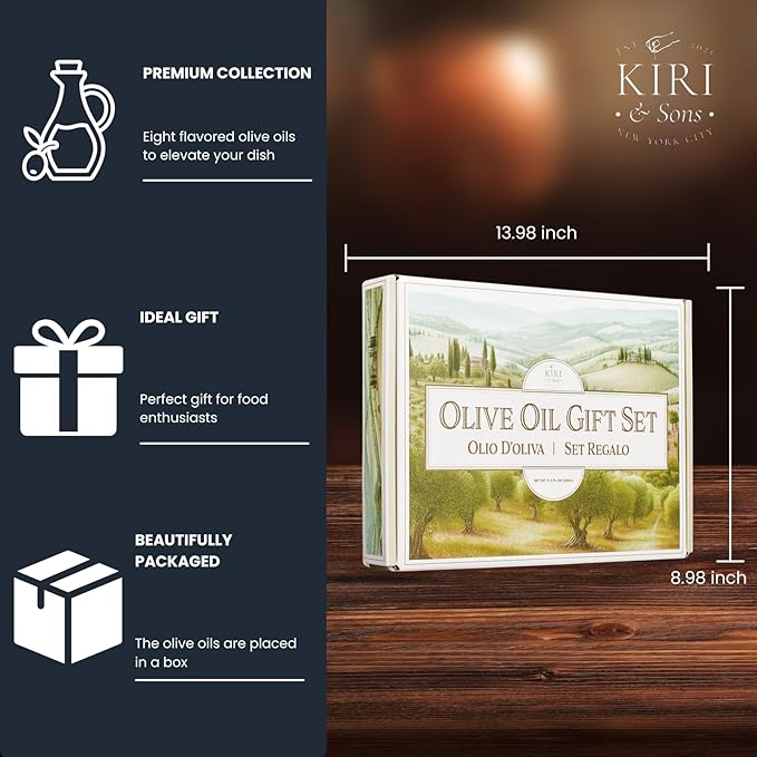 Kiri &amp Sons Olive Oil Gourmet Sampler Gift Set of 8 - Premium Extra-Virgin Olive Oil Made In Spain Natural Flavors Include Mushroom Chili Garlic Oregano Blood Orange Smoky Bacon Jalapeno B