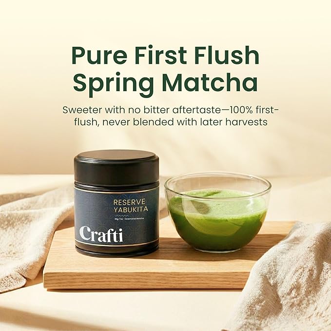 Crafti Ceremonial Grade Matcha Powder | 100% First Harvest | Single Cultivar | Yabukita | Unsweetened Authentic Japanese Matcha Green Tea Powder from Yame Fukuoka (30g / 1.06oz)