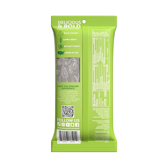 SMACKIN' Sunflower Seeds Roasted Jumbo Small-Batch American Made - Dill Pickle. 1.5oz bags (36 Pack)