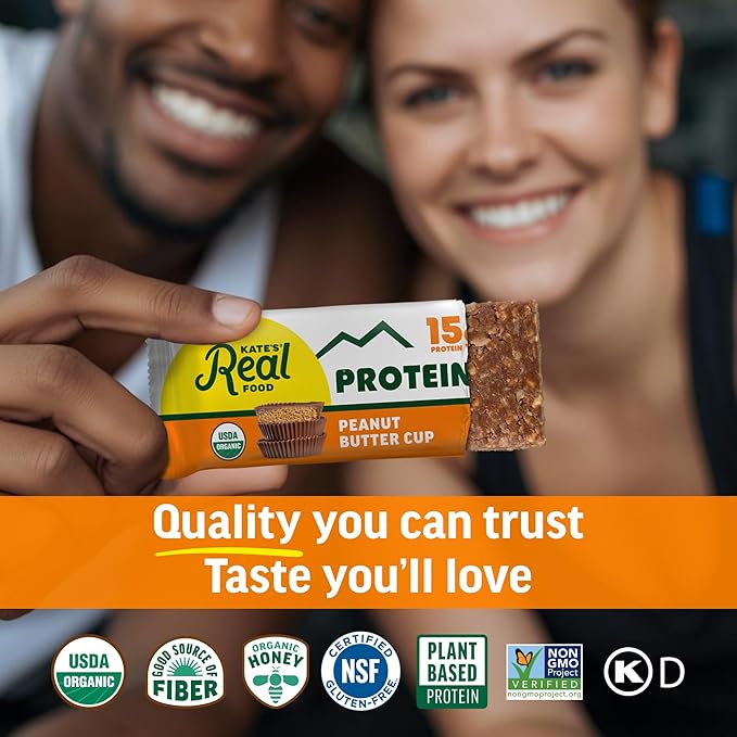 Kate’s Real Food Organic Protein Bars – (Peanut Butter Cup 2.2 oz Pack of 12) – Plant Based Protein Bars - Gluten Free Soy Free Non GMO Whole Grains and All Natural