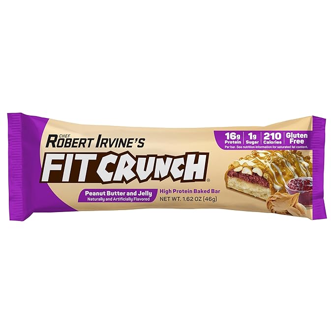 FITCRUNCH Snack Size Protein Bars Designed by Robert Irvine 6-Layer Baked Bar 1g of Sugar Gluten Free &amp Soft Cake Core (9 Bars Peanut Butter and Jelly)