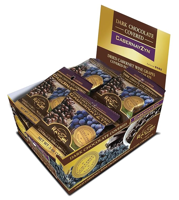 Chocolate Covered Wine RayZyn CabernayZyn® (20 Snack Bags) – Hand Harvested Dried Cabernet Sauvignon Wine Raisins® from Napa Valley enrobed in premium gourmet dark chocolate – The Healthier Raisin wit