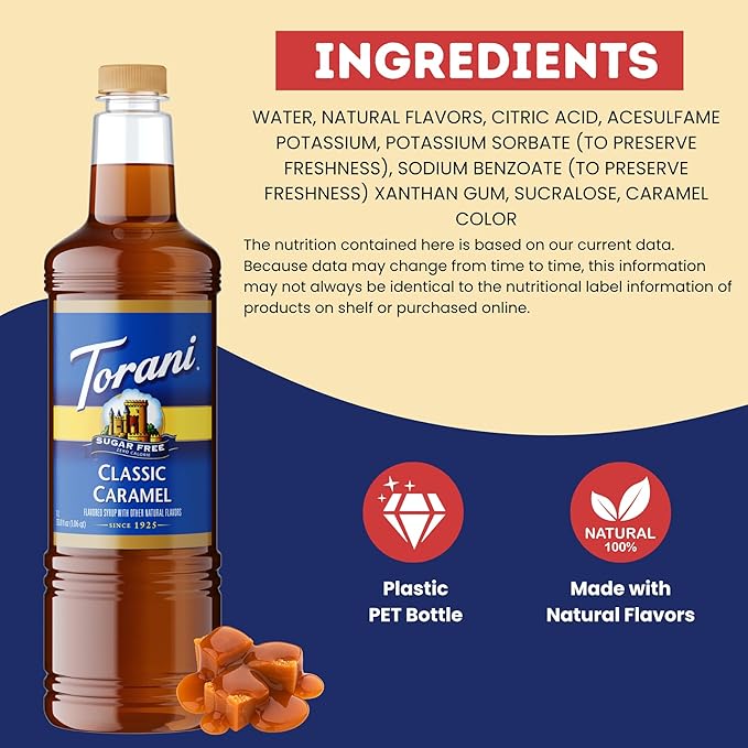 Torani Sugar-Free Classic Caramel Syrup 1 Liter Bottle with Pump Dispenser – Zero Calorie Coffee Flavoring with Rich Caramelized Brown Sugar Taste – Keto &amp Diabetic Friendly Sweetener for Lattes a