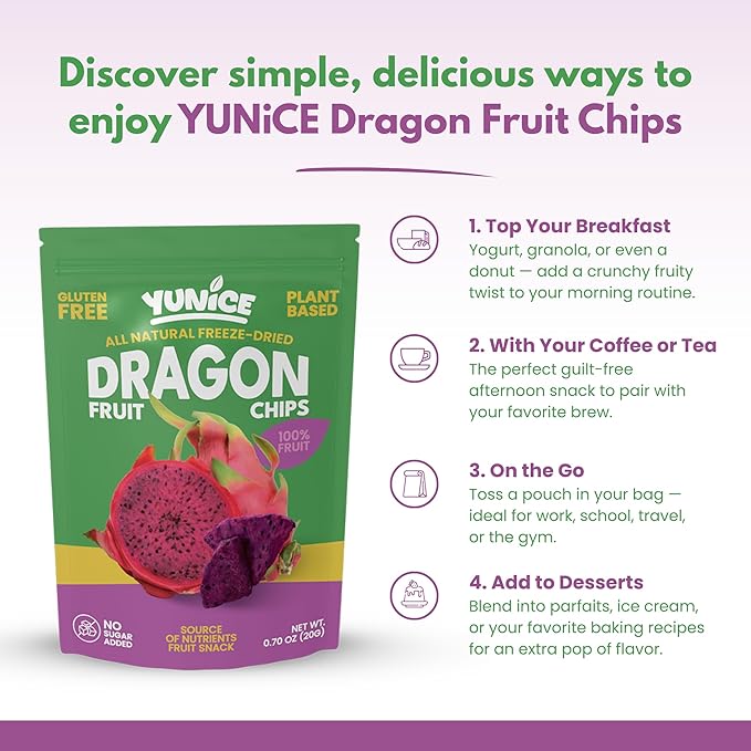 YUNiCE Dragon Fruit Chips freeze dried dragon fruit snack red dragon fruit 100% real fruit no sugar added gluten free plant-based crispy on-the-go pouches DRAGON FRUIT 0.70 Ounce (Pack of 12)