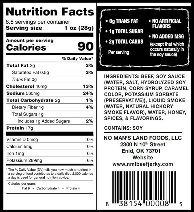 No Mans Land Premium Beef Jerky | 17G High Protein Low Carb Low Calorie Beef Snack | Slow-Dried Smoked &amp Seasoned Jerky Strips | HOT 8.5oz Bag