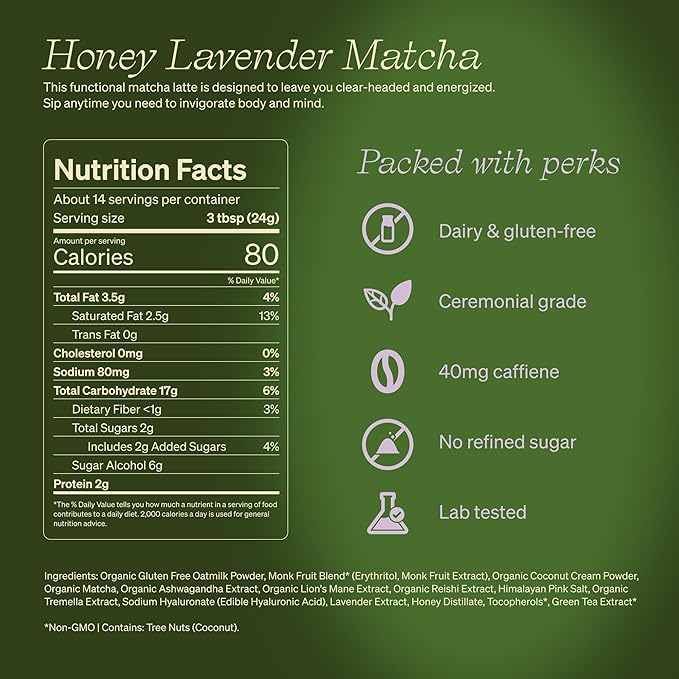 Clevr Honey Lavender Matcha SuperLatte Instant Ceremonial Grade Superfood Powder Blend Oat Milk Lion Mane Reishi Mushroom Coconut Cream Ashwagandha Serve Hot or Iced (14 Lattes)