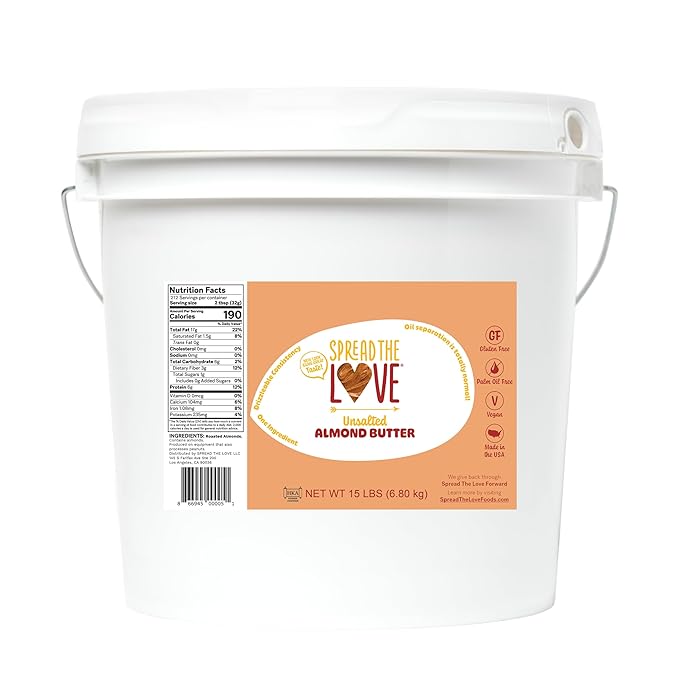 Spread The Love UNSALTED Almond Butter (All Natural Vegan Gluten-free Creamy No added salt No added sugar No palm fruit oil Not pasteurized with PPO) (15-Pounds)