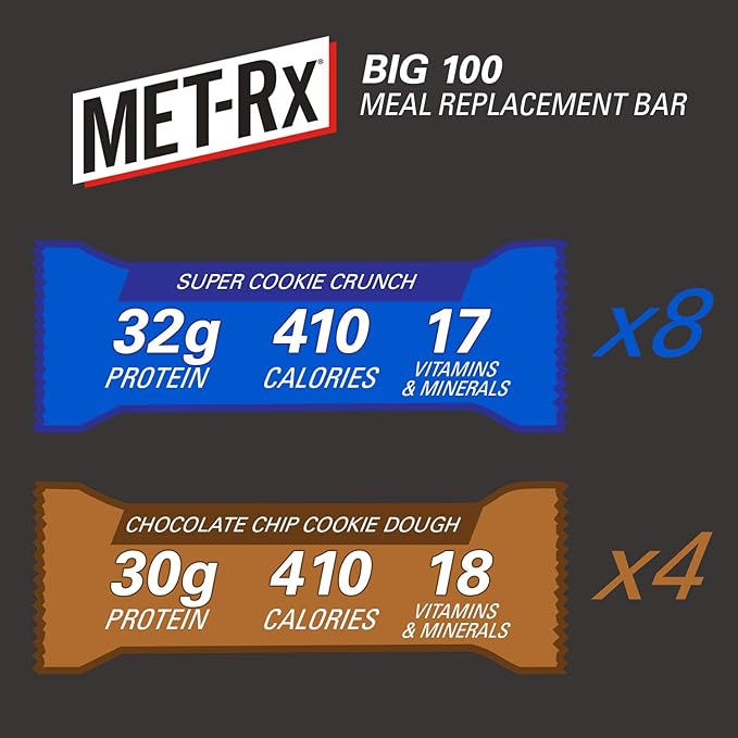 MET-Rx Big 100 Protein Bars Meal Replacement Bars Variety Pack - Super Cookie Crunch and Chocolate Chip Cookie Dough Bars 12 Count 3.52 Oz.