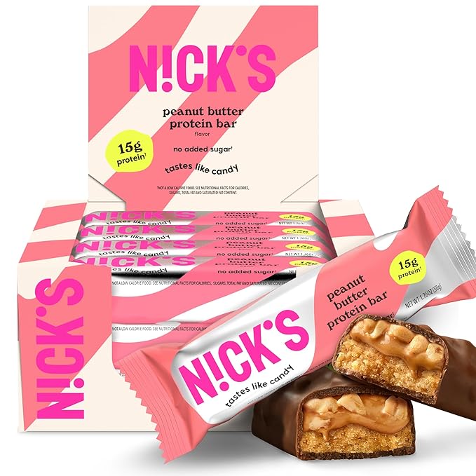 Nick’s Protein Bars Peanut Butter – 12-Count Box | High Protein Low Calories Low Carbs Keto Friendly No Added Sugar (12 bars x 50g)