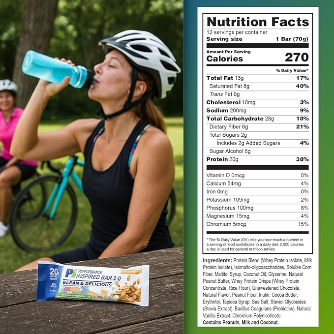 Performance Inspired Nutrition - Protein Bar 2.0 – Contains - 20G Protein - 6G Fiber - 4g MCTs - 1 Billion CFU Probiotics – 1G Prebiotics - G Free – BIG 70g Bar - Peanut Butter - 12Ct. Box