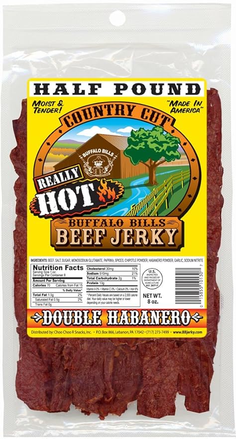 Buffalo Bills 8oz Double Habanero Country Cut Beef Jerky Pack (moist &amp tender really hot beef jerky)