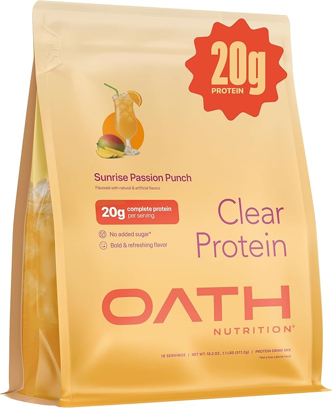 Oath Nutrition Clear Whey Isolate Protein Powder Sunrise Passion Punch 20g Complete Protein per Serving No Added Sugar Grass-Fed 18 Servings