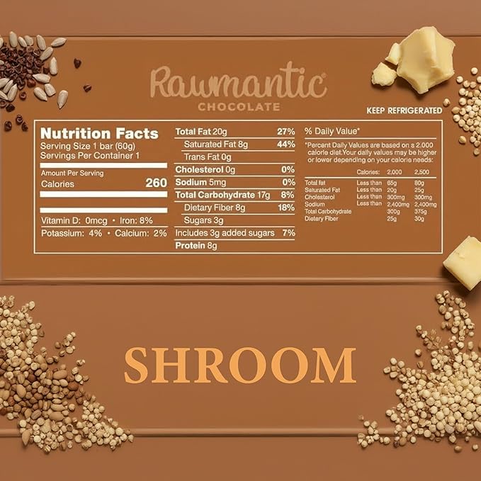 Rawmantic Shroom Chocolate Bar (12 Bars) – Blend of Raw Vegan Chocolate Organic Cacao Nibs 7-Mushroom Adaptogenic Blend No Artificial Flavors Non-GMO &amp Kosher Guilt-Free Snacks