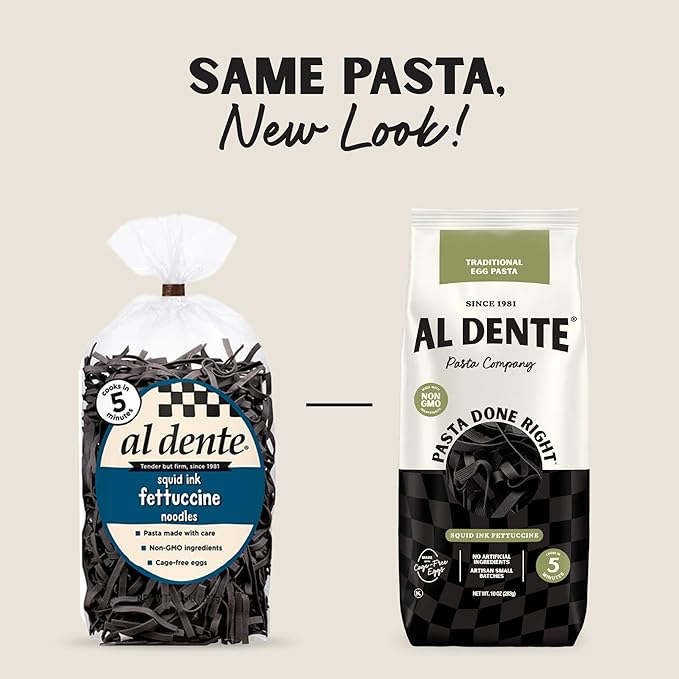 Al Dente Squid Ink Fettuccine – All-Natural Hand-Crafted Egg Pasta. Traditional Pasta Noodles Made with Cage-Free Eggs and Semolina. Great for Pastas Soups Stews. 10oz Bags (Pack of 6)