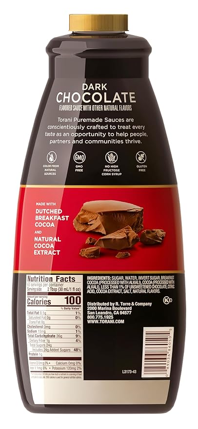 Torani Puremade Dark Chocolate Sauce for Coffeehouse Drinks and Desserts Non-GMO Large 4lb Bottle Pump Included 64 Fl Oz