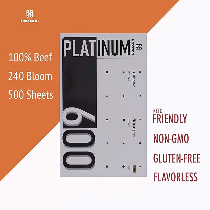 Haodong Beef Platinum Leaf Gelatin Sheets - 450-500 Sheets 1KG (2.2LBS) 240Bloom Gelatin Leaves for Mousse Mirror Glaze Cream Cake Dessert Jellies