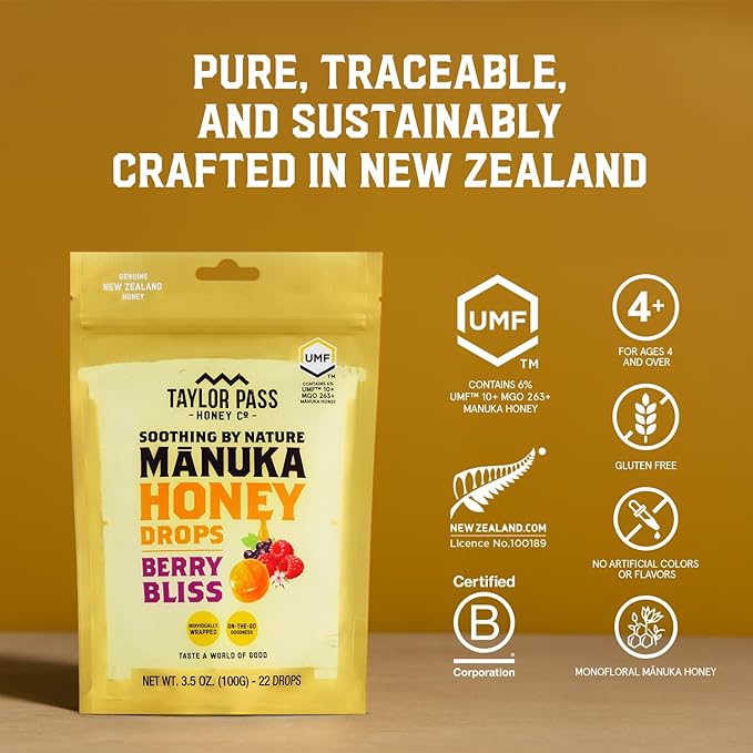 Taylor Pass Mānuka Honey Drops Bundle UMF™ 10+ Cool Mint &amp Berry Bliss Lozenges | Natural Soothing On-The-Go | 2 Packs 22 Drops Each | Made in New Zealand