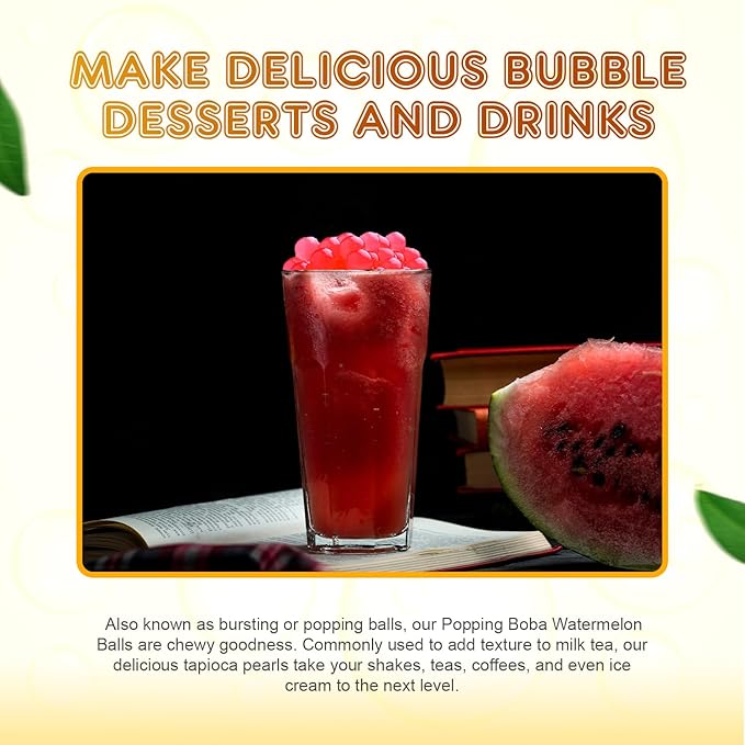 Fanale Watermelon Popping Boba Pearls Vegan Non GMO Gluten Free Fat Free Perfect for Bubble Tea Smoothies Ice Cream Desserts and Beverages.