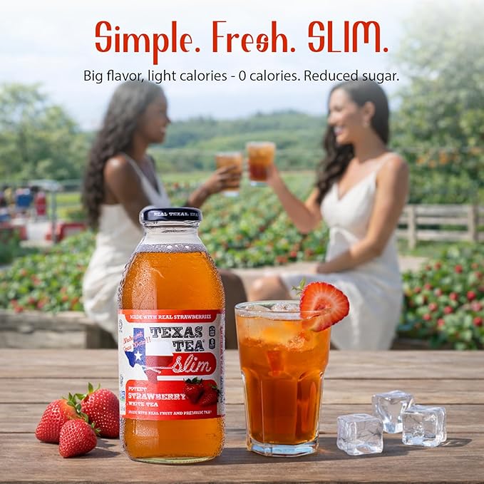 Texas Tea SLIM Poteet Strawberry White Tea – Zero Calories Reduced Sugar Organic White Tea with Real Texas Strawberries Small-Batch Brewed 12-Pack 16oz Glass Bottles