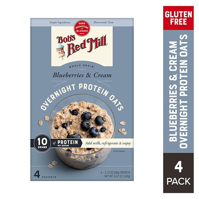 Bob's Red Mill Overnight Protein Oats Blueberries &amp Cream 16 Packets Total Non-GMO Gluten Free Whole Grain