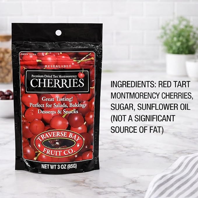 Dried Tart Montmorency Cherries Traverse Bay Fruit Co. 3 oz Bags (6-Pack) With Galley Grove Sugar-Free Breath Mints