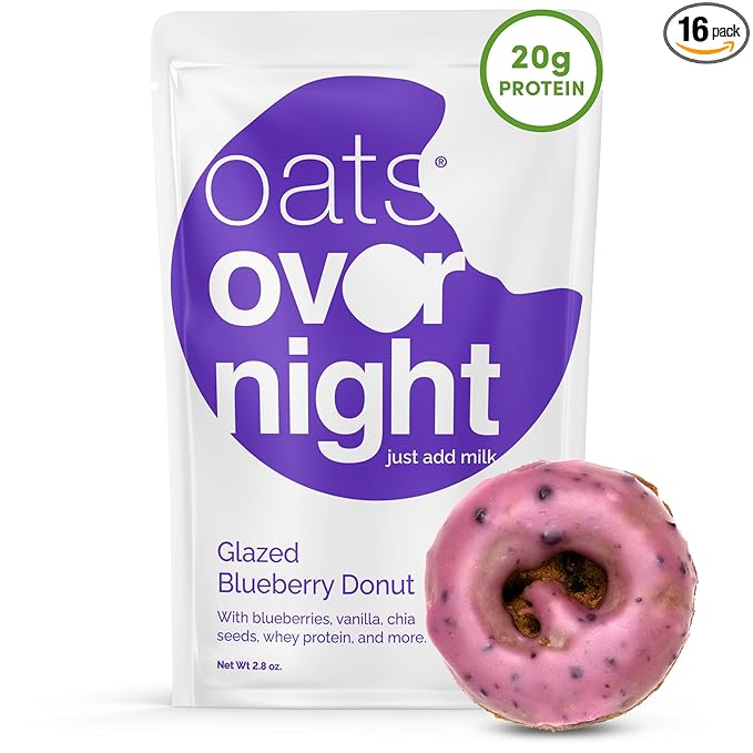 Oats Overnight Glazed Blueberry Donut - Overnight Oats with 20g Whey Protein High Fiber Breakfast Protein Shake - Gluten Free Oatmeal Non GMO High Protein Oatmeal (2.8 oz per Meal) (16 Pack)