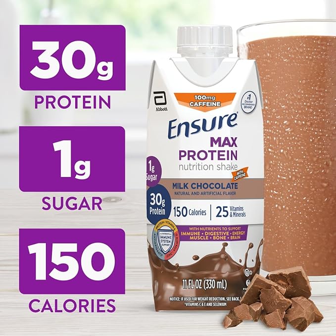 Ensure Max Protein Shake | Milk Chocolate with Caffeine | Ready to Drink | 30g Protein for Muscle Health | 1g Sugar 4g Fiber | 11 fl oz 12 Pack