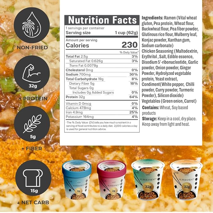 KLDSCP Protein Ramen Instant Noodles Soup “Spicy” Beef Flavor 32g High Plant-Based Protein 12 Packs Non-Fried Vegan Low Fat Non-GMO Egg &amp Dairy Free Healthy Asian Meal