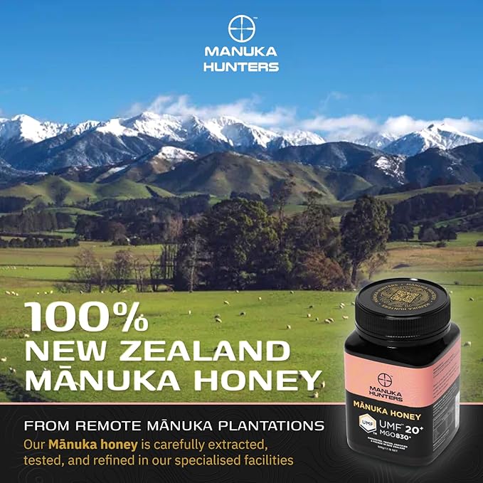 Manuka Hunters UMF 20+/MGO 830+ Certified New Zealand Manuka Honey - 100% Pure Natural Sweetener - Gluten Dairy Free - Ideal for Tea Coffee Smoothies and Baking - Sustainable - 1.1lb/500g Jar