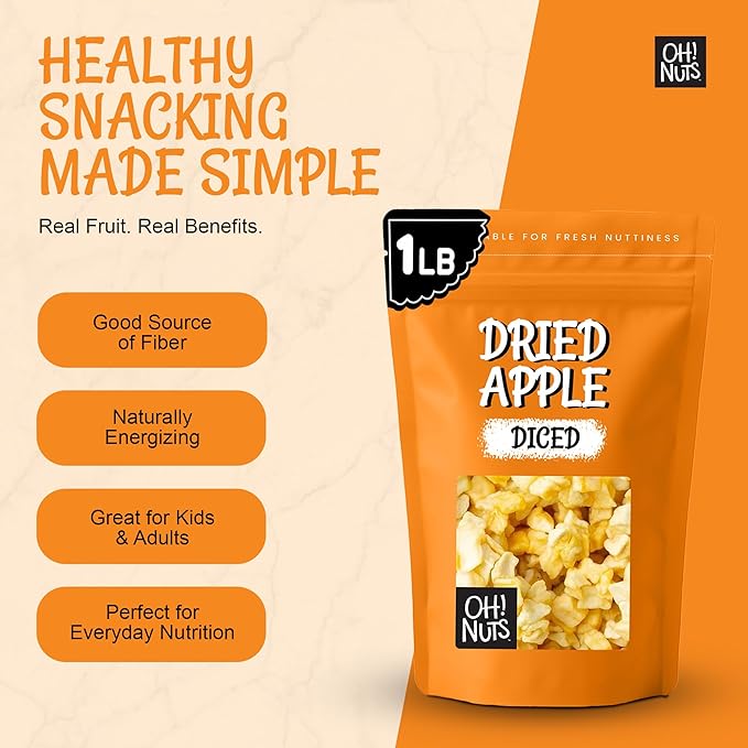 Oh! Nuts Dried Apple - 1 lb - Dried Fruit Diced - No Added Sugar - Dehydrated Fruit Bites - Packed in New York Zip-Seal Bag for Exceptional Freshness