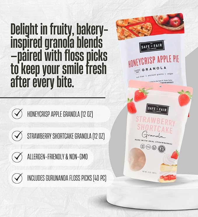 The Safe And Fair Food Company Granola HoneycrispApple 12 OZ GranolaStrawberry Shortcake 12OZ Bundle with Dental Floss – Allergen-Free Plant-Based Granola with Clean Ingredients – Gift Set (3 Items)