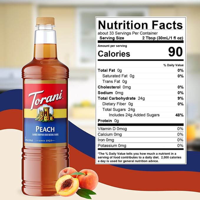 Torani Peach Syrup 1 Liter Bottle with Pump – Premium Drink Flavoring Made with Pure Cane Sugar &amp Natural Flavors for Lemonades Teas Cocktails Mocktails &amp Desserts – Sweet Juicy Peach Sweet