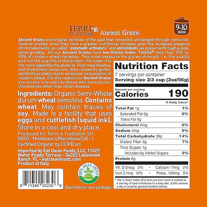 6 PACKS ORGANIC ITALIAN SEMI WHOLE DURUM WHEAT CALAMARATA PASTA – Sicilian Ancient Grain Timilia Vegan Pasta Crafted in Italy. LOW-GLUTEN INDEX. Has 6X More Fiber and Protein than Popular Grains. Al d
