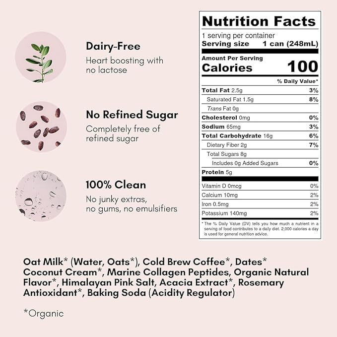 Pop &amp Bottle Classic &amp Vanilla Oat Milk Lattes - Cold Brew Marine Collagen &amp Antioxidants MCT Oil Organic Dairy Free Gluten Free Lightly Sweetened with Dates - 8 Fl Oz (Pack of 12)