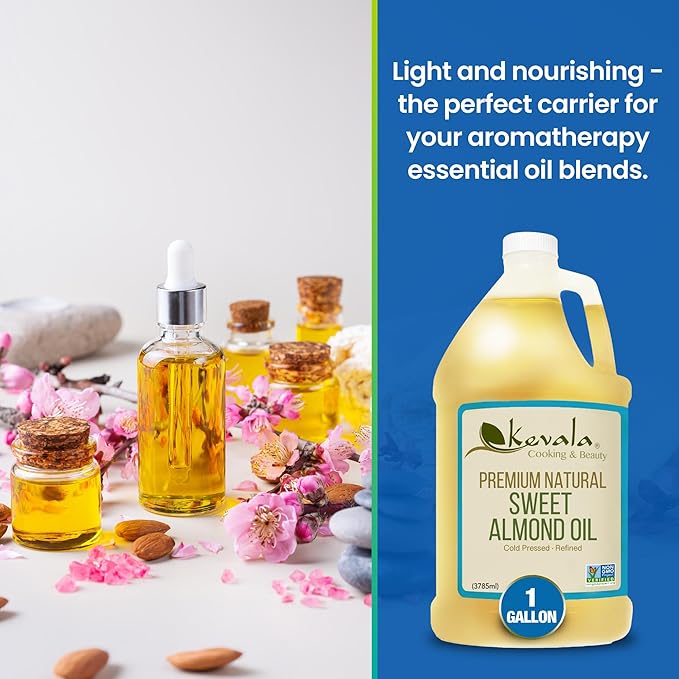 Kevala Sweet Almond Oil - Premium Natural Cooking Oil Made with Carefully Selected Almonds Nutritious Option with Light Flavor and Scent Vegetable Salad Dressing Base Enjoyed as a Hair Oil 1 gal