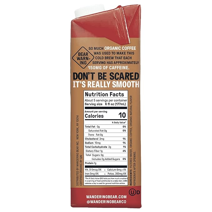 Wandering Bear Organic Mocha Cold Brew Coffee - Strong Bold Smooth Unsweetened Shelf-Stable Ready to Drink Gluten Free &amp Vegan Iced Cold Brewed Coffee Drink - 32 fl oz 6 pack