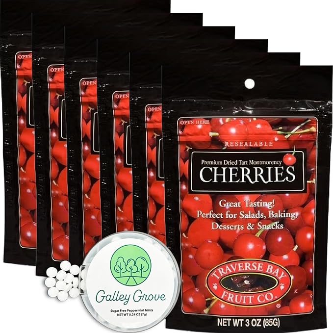 Dried Tart Montmorency Cherries Traverse Bay Fruit Co. 3 oz Bags (6-Pack) With Galley Grove Sugar-Free Breath Mints