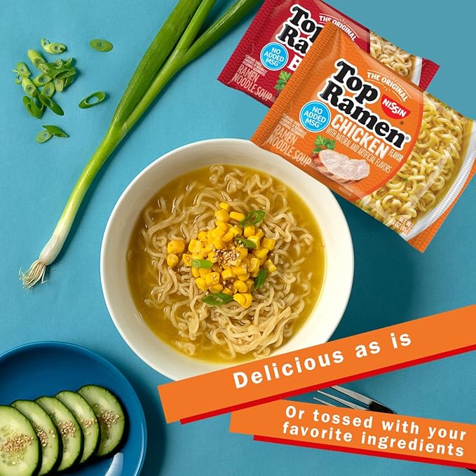 Nissin Top Ramen Noodles Chicken and Beef Soup Variety Pack 3 Ounce (Pack of 48)