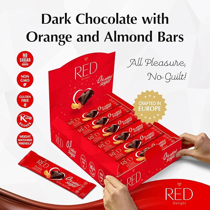 RED Delight®™ Orange and Almond Dark Chocolate 12 Count Box of Grab N Go Travel Size Bars (0.92 Ounces Each) (7 Boxes - Total of 84 Bars)