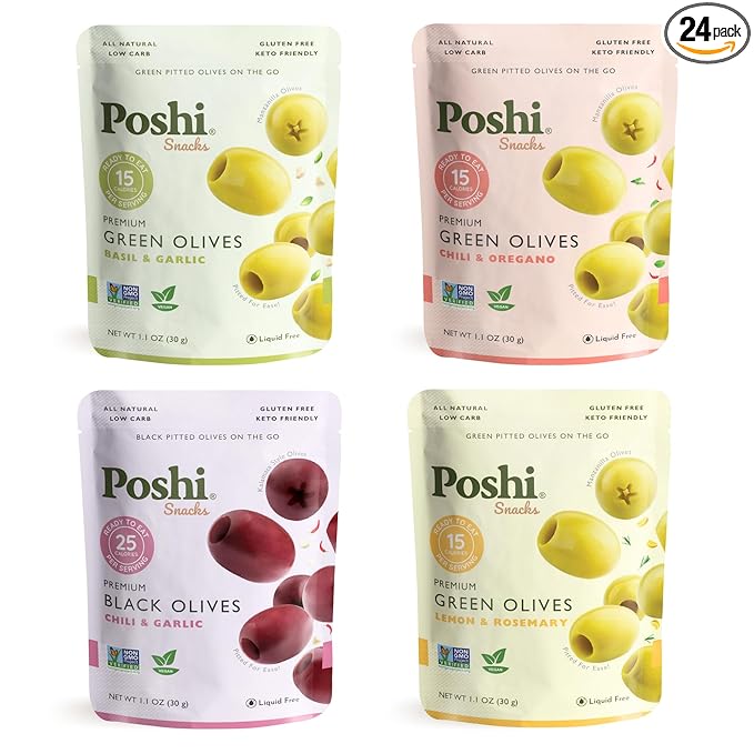Poshi Natural Whole Pitted Olives | 24 Pack Variety | Basil &amp Garlic Chili &amp Oregano Chili + Garlic Lemon &amp Rosemary | Vegan Kosher Gluten Free + Keto Friendly Healthy Snacks 1.1 Oz