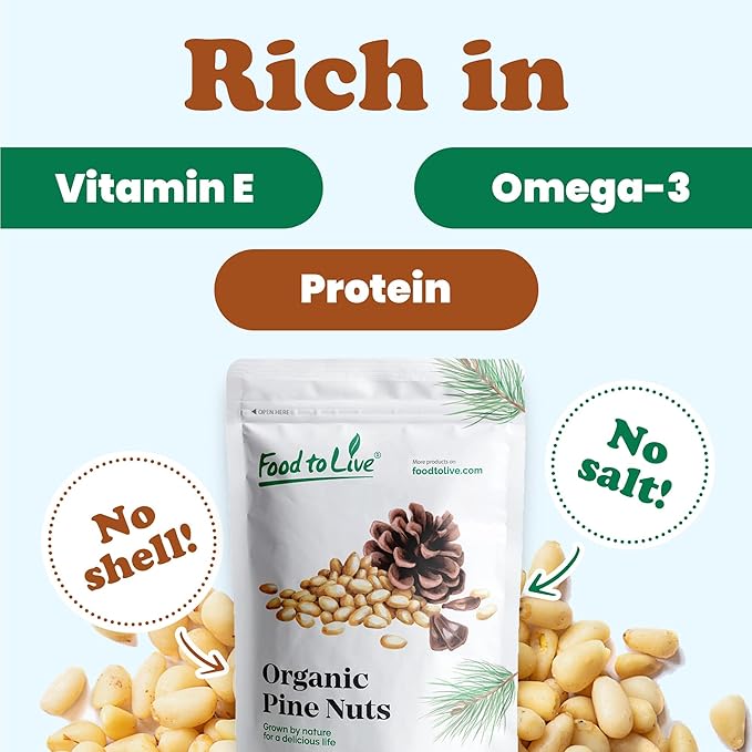 Food to Live Organic Pine Nuts 1 Pound – Non-GMO Whole Raw Pignolias Unsalted No Shell Vegan Kosher Bulk Snack. Rich in Vitamin E Protein. Great for Pesto Salads Homemade Desserts