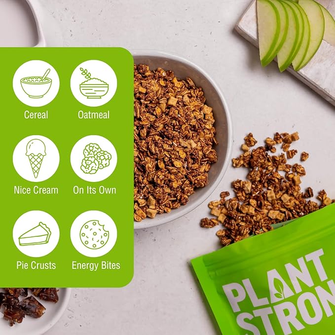 PLANTSTRONG All-American Apple Pie Granola – Whole Grain Oil-Free Granola with Chewy Dried Apples Sweetened Only with Dates Made from Whole Plants Crunchy Breakfast or Snack (4-Pack (9 oz Bags))
