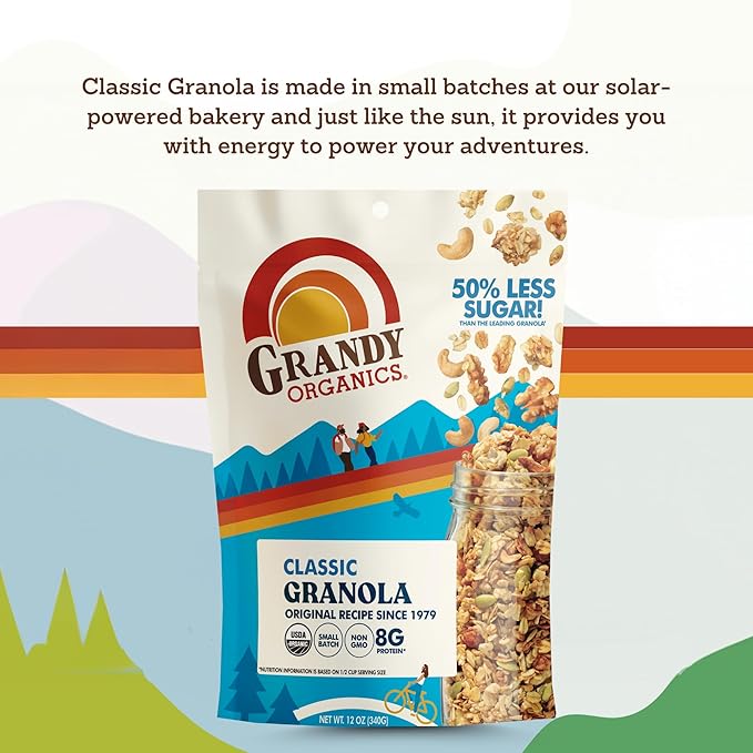 Grandy Organics Classic Granola Certified Organic Granola Cereal Low Sugar - Made with Oats Pumpkin Seeds Walnuts and Cashews 12oz Bags Bulk Pack of 3