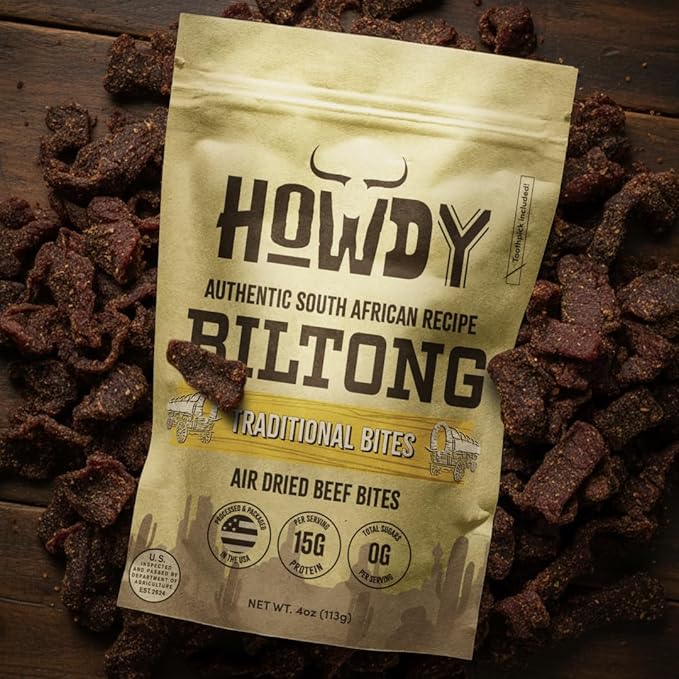 HowdySnax Traditional Biltong Bites – 4 Pack (16 oz Total) – Bulk Beef Snack • High‑Protein • Keto &amp Paleo • No Preservatives • Made in USA