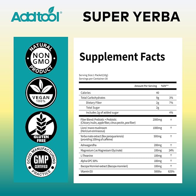 AddTool-super yerba packets - Instant Tea Powder Yerba Raspberry Lemonade Vitality Teadecaffeinated Natural Energy &amp Focus Boost- Clean Energy Prebiotics and Probiotics Gut Health Delicious s