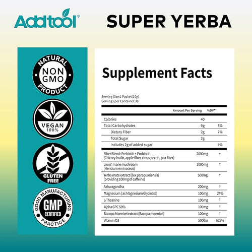 AddTool-super yerba packets - Instant Tea Powder Yerba Raspberry Lemonade Vitality Teadecaffeinated Natural Energy &amp Focus Boost- Clean Energy Prebiotics and Probiotics Gut Health Delicious s