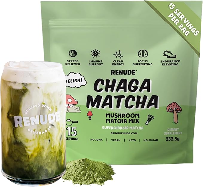 Renude Chaga Matcha - Chaga Mushroom Powder Superfood Drink Mix with Adaptogens Ceremonial Grade Mushroom Matcha Keto Vegan Sugar Free Natural Energy &amp Immune Support - 15 Servings per Bag