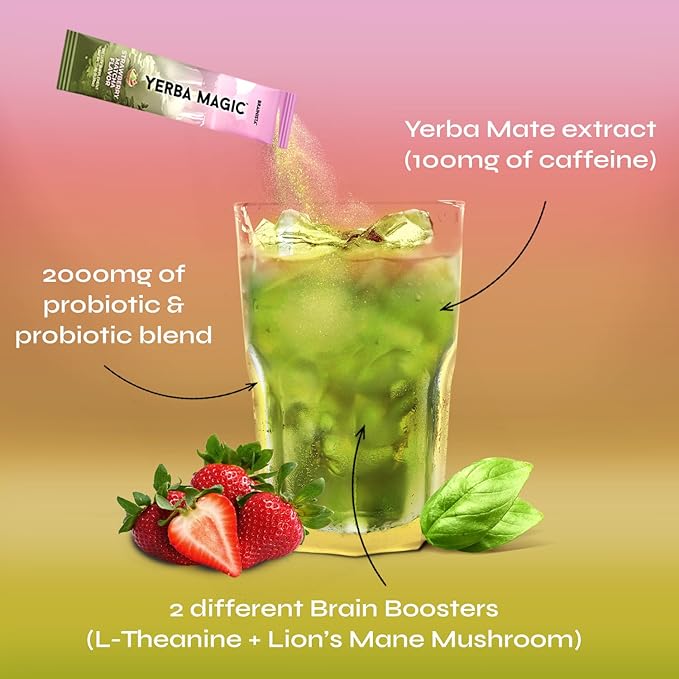 Yerba Magic Yerba Mate Powder Packets - Instant Clean Energy &amp Focus Drink Mix for Gut Health - Nootropic Blend with Lion’s Mane L-Theanine Prebiotics &amp Probiotics - Low Sugar Natural Caffei