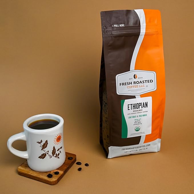 Fresh Roasted Coffee Organic Ethiopian Sidamo | USDA 100% Single Origin Kosher | Light Roast 2 lb (32 oz) Whole Bean