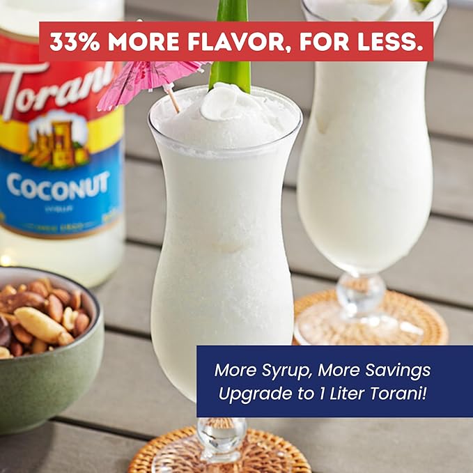 Torani Coconut Syrup 1 Liter Bottle with Pump – Premium Drink Flavoring Made with Pure Cane Sugar &amp Natural Flavors for Coffee Cocktails Smoothies &amp Desserts – Authentic Creamy Coconut Sweet